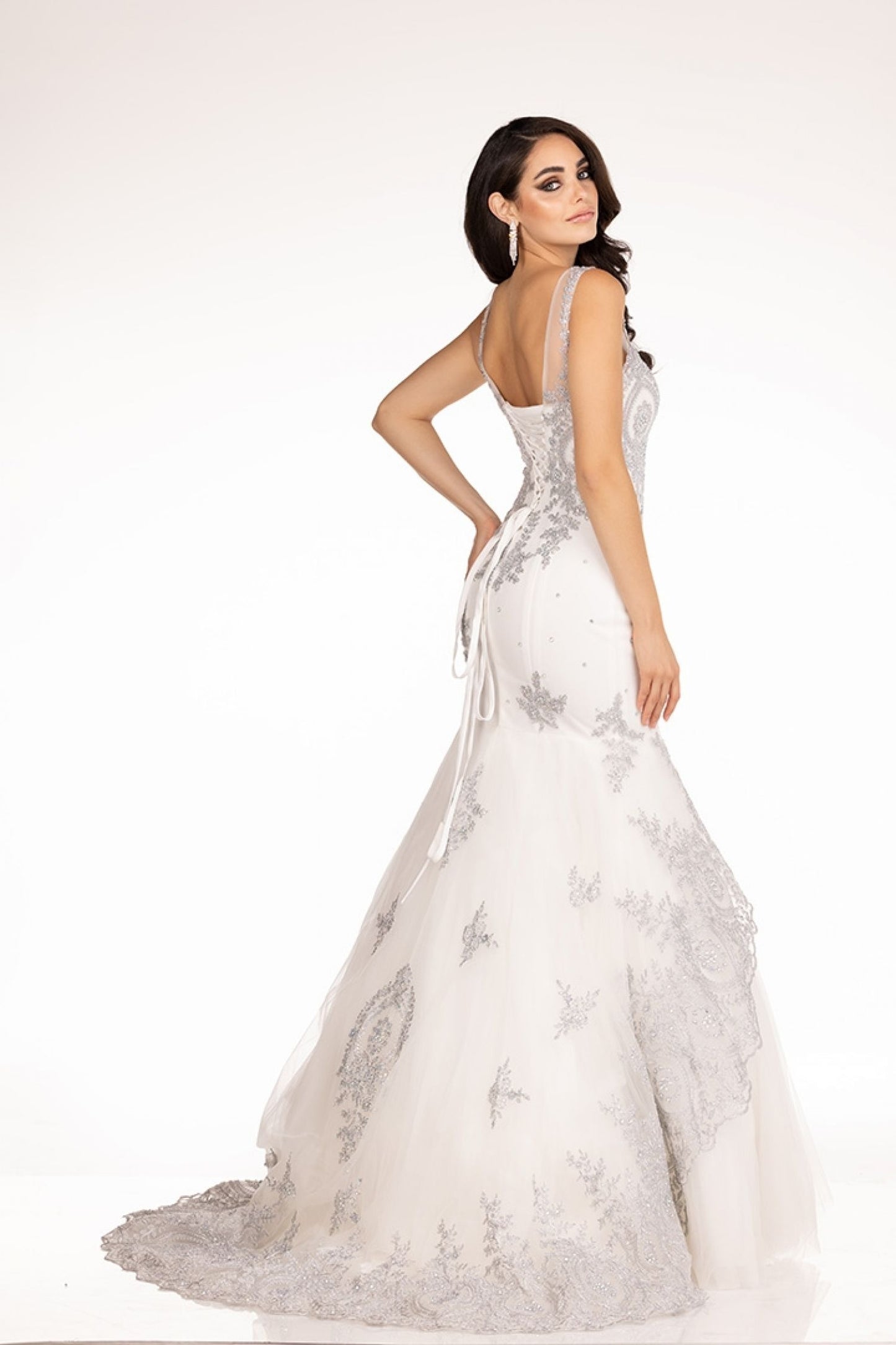 Lucci Lu Abby Paris 95147 Long Mermaid Crystal Embellished Lace Prom Wedding Dress Gown