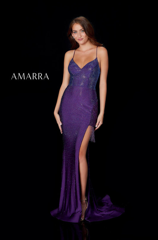 Amarra 87264 Long Fitted Side Slit Fringe Prom Dress Formal Backless Gown V neckline. Jersey crystal rhinestone embellished available sizes: 00-16 Available Color: Plum