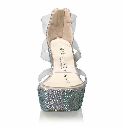 Marc Defang ANGELINA AB CRYSTAL Pageant Platform wedge heel prom shoe DESCRIPTION Featured crystals: AB Crystals 5.5" heels, 1.75" platforms Clear toe strap featured, straps are structured comfortably to fit the feet silhouette. Medium Width, Strappy wedges Light weight, performs amazingly well on stage and runway. Size runs true to size based on US standard Regular Fit. Available Sizes: 5.5, 6, 6.5, 7, 7.5, 8, 8.5, 9, 9.5, 10, 11 (Average 30 days before Arrival - custom made)