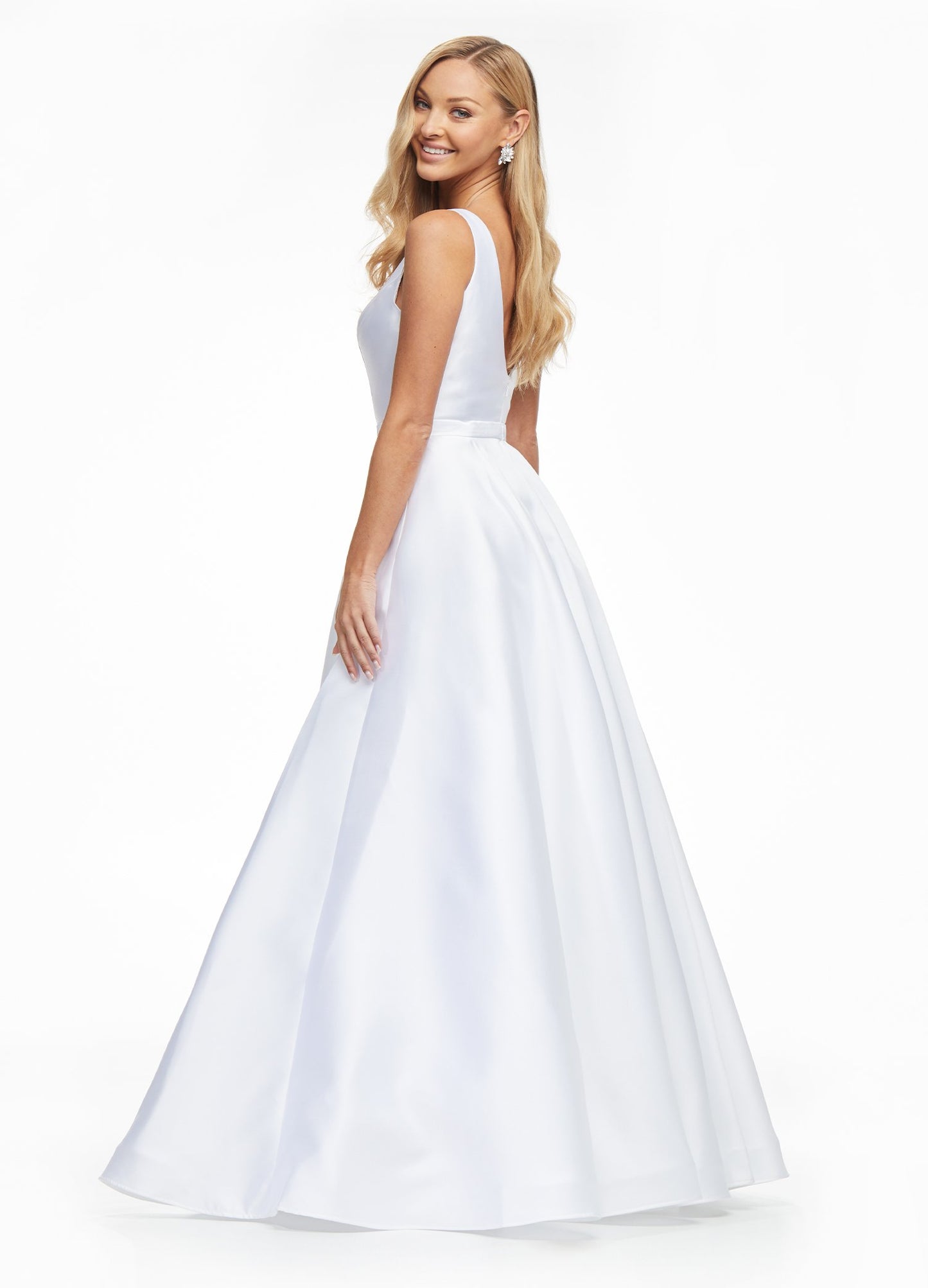 Ashley-Lauren-11094-white-prom-dress-back-a-line-mikado-satin-v-neckline-v-backAshley Lauren 11094 White Prom Dress. This is a lovely A line prom, pageant and wedding dress made of mikado satin. It has a v neckline and a v back. Great for your destination wedding or pageant. Color: White Sizes: 12