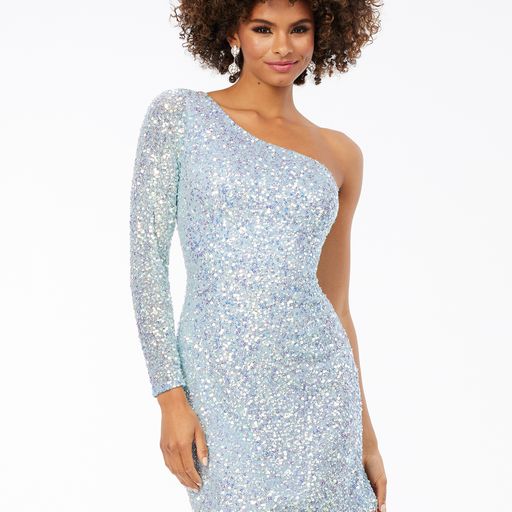 Ashley Lauren 4457 Cocktail Dress. This is a perfect homecoming or pageant dress, pick your color. The fitted dress is fully hand beaded sequins with one shoulder neckline and a sheer beaded long sleeve.