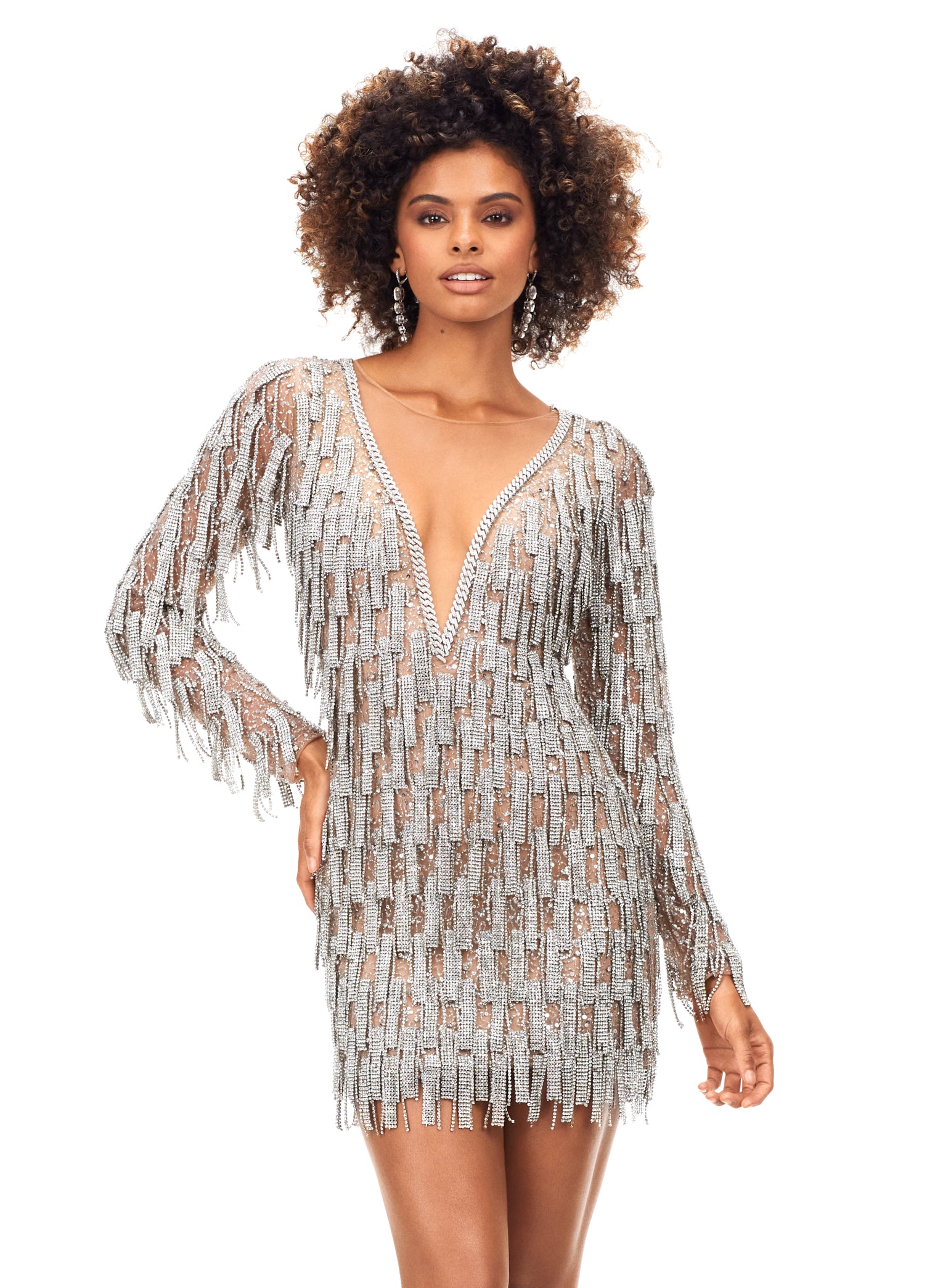 Ashley Lauren 4569 Beaded Cocktail Dress with Fringe Fur Neckline 12 / Silver/Nude Ashley Lauren 4569 Beaded Cocktail Dress with Fringe Fur Neckline 12 / Silver/Nude