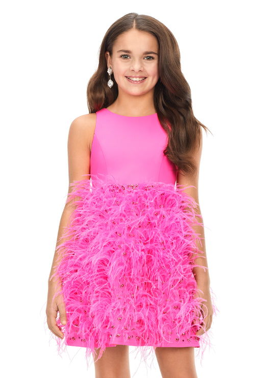 Ashley Lauren Kids 8176 Girls Pageant Cocktail Dress with Feathers and Crystals This fabulous feather cocktail dress features a crew neckline giving way to a crystal encrusted waistband. The full feather skirt is accented by scattered crystals.