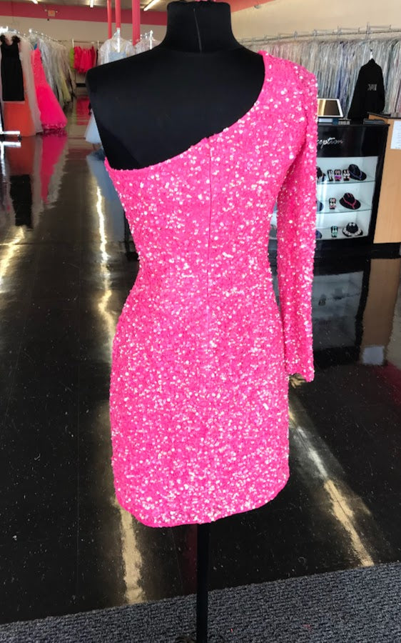 Ashley Lauren 4457 Size 8 Neon Blue Cocktail Dress One Shoulder Sheer Long Sleeve Fitted