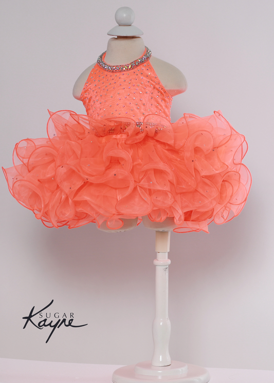 Sugar Kayne C220 Girls Baby Halter Cupcake Ruffle Pageant Dress Corset Formal Gown Have your little cupcake bring on all the charm in this stunning organza gown. The corset back is the perfect addition as the little one grows! Colors: Bubblegum, Neon Orange, White Sizes: 0M, 12M, 18M, 24M, 2T, 3T, 4T, 5T, 6M, 6T Fabric Organza, Satin Lining