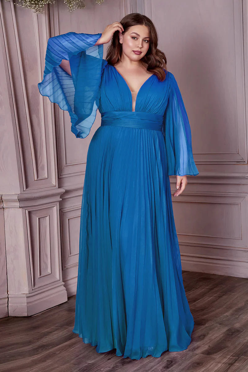 Ladivine CD242 Long Pleated Chiffon A Line Bell Sleeve V Neck Formal Dress Bridesmaid Gown An elegant and sophisticated option for attending a wedding or other formal occasion. This chiffon gown is pleated from sleeve to hem and gathered at the deep v-neckline and waist. An open mid back has a center back zipper closure. Sizes: 6-24 Colors: Blossom Pink, Blue, Champagne, Jade, Lavender, Orchid, Red, Rose Gold, Teal, Yellow