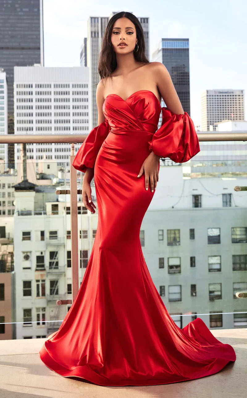 Ladivine CD983 Size 14 Red Long Fitted Satin Strapless Puff Sleeve Formal  Dress Bridesmaid Evening Gown