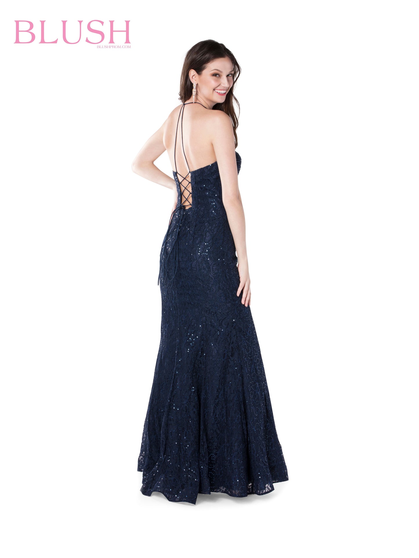 Blush Prom Dress 11853 Size 10 Sequin Lace Sheer Long Mermaid Gown Halter Illusion