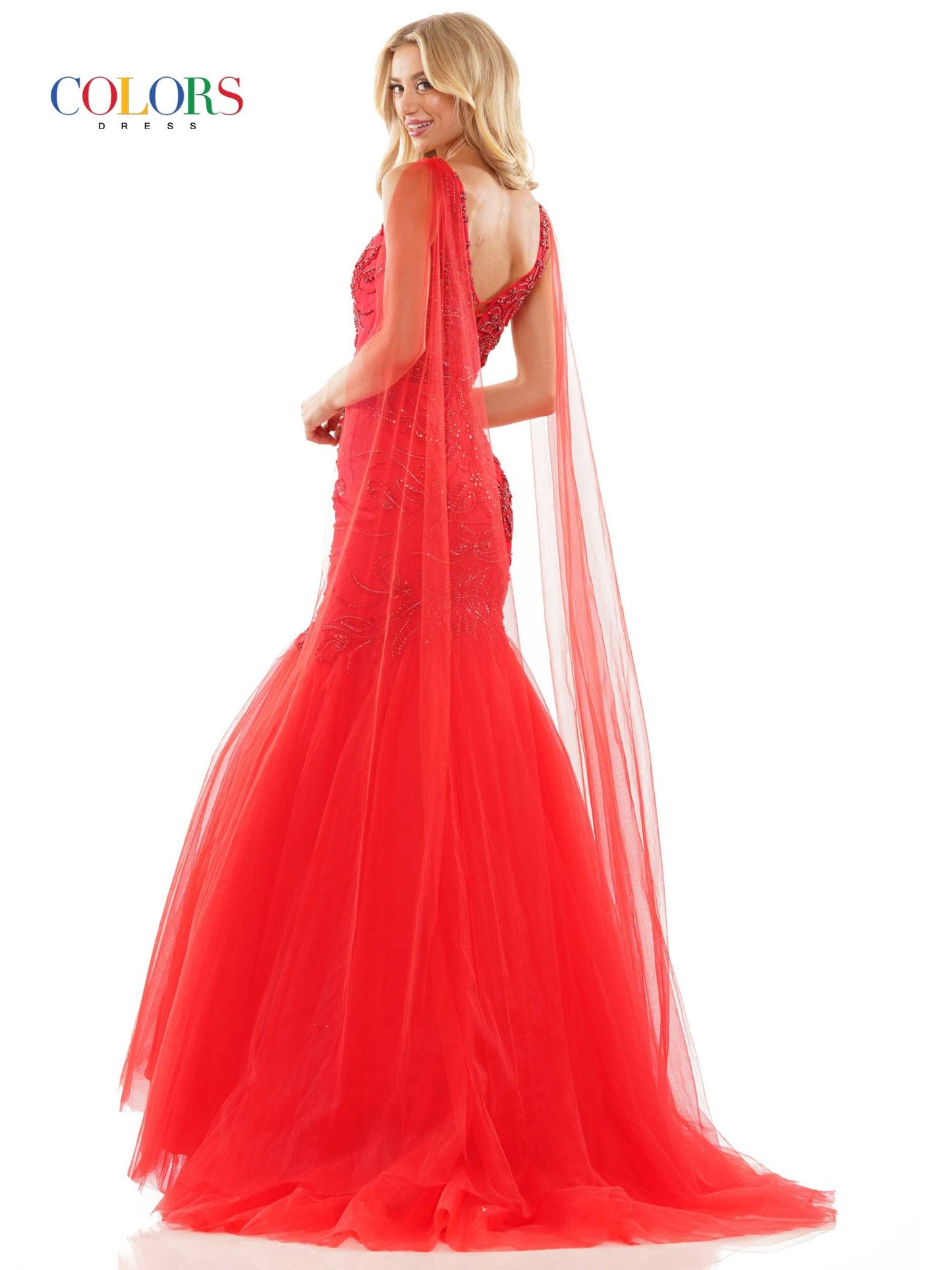 Colors Dress 2993 Mermaid Prom Dress with Capes 47"beaded mesh mermaid dress with V-neck, lace-up on back, back train. Red size 6