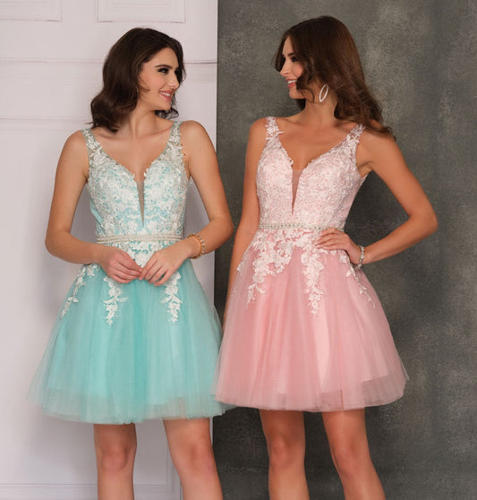 Dave & Johnny A8341 Short Lace Tulle Fit & Flare Cocktail Dress Homecoming Rhinestone Gown Sizes: 00-18 Colors: Royal, Ivory, Yellow, Ice Blue, Pink, Mint, Lilac