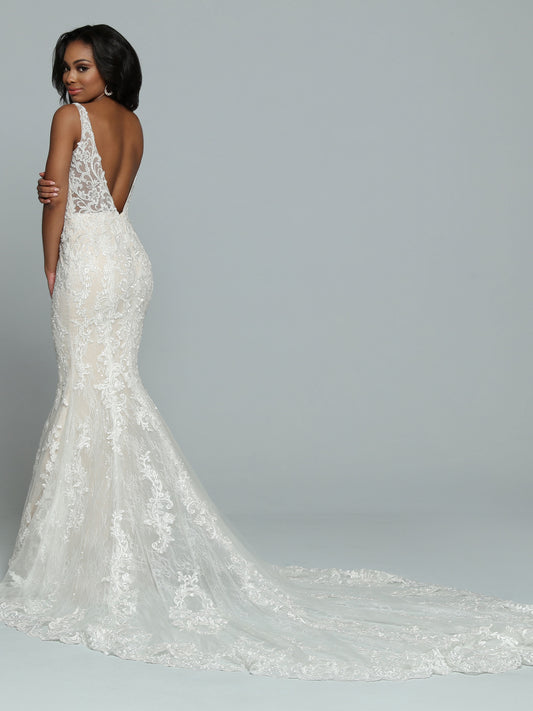 Davinci Bridal 50660 Fitted Lace wedding dress sheer straps Bridal Gown fit and flare long train Lace & Tulle Fit & Flare Sheath Wedding Dress features a V-Neckline & Dramatic Open V-Back. The Bodice has Beaded Lace Applique & Sheer Beaded Lace Back Straps. Sheer Lace Skirt has Lace Applique Accents & a Lace Hemmed Chapel Length Train.
