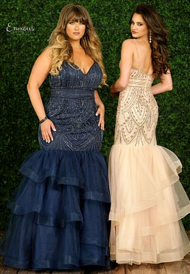 Envious Couture E1474 Size 8 Embellished Mermaid Prom Dress V neck Ruffle Layer Tulle