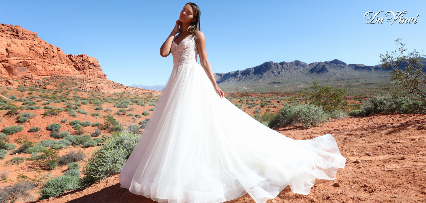 Davinci Bridal 50440 is a Tulle A-Line Wedding Dress features Beaded Bodice,Sheer Beaded Straps,Low V-Back,Covered Buttons & Beaded Waistband. Full Ball Gown Skirt with Wide Opaque Tulle Ribbon Edging ends in Chapel Train. Fabric: Tulle Neckline: Straps, V-Neck Silhouette: A-Line, Natural Waist Details: Beading, Buttons, Lace, Lace Applique Available for 1-2 Week Delivery!!! Available Sizes: 2,4,6,8,10,12,14,16,18,20 Available Colors: Ivory/Blush, Ivory/Ivory