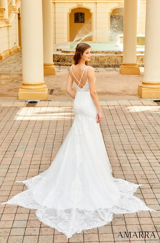 Amarra Bridal HART 84368 Backless Mermaid Wedding Dress Bridal Gown Train Sheer Lace Simple and classic makes for a beautiful romance. That’s what you’ll get when you wear this stunning dress on your wedding day. The demure lace bodice features plunging v-neckline and a fitted design, while the dramatic flare at the knees allows for a bit of fun and creates the look of a mermaid.