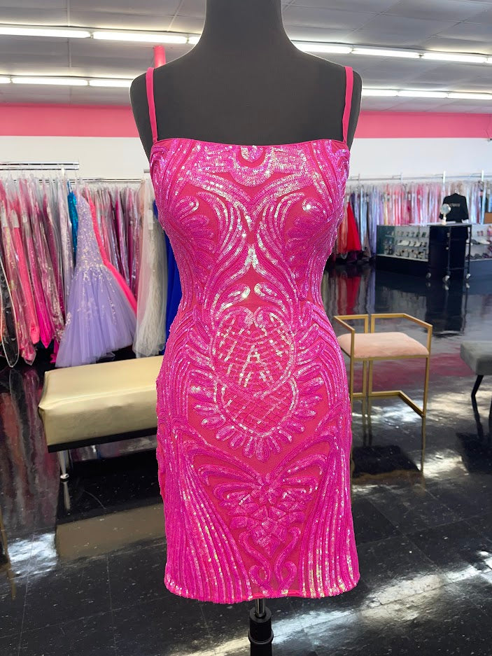 Jovani 09696 Size 8 Hot Pink Short Fitted Sequin Backless corset Forma Glass Slipper Formals Jovani 09696 Size 8 Hot Pink Short Fitted Sequin Backless corset Forma Glass Slipper Formals