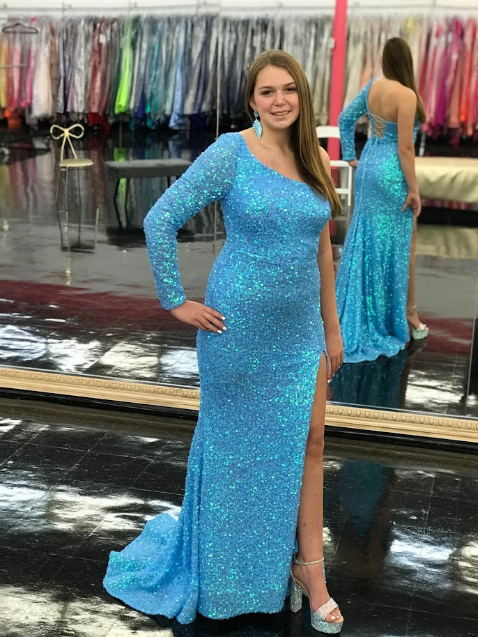 Amarra 87262 Long Fitted Sequin One Shoulder Long Sleeve Prom Dress Slit corset back Available Sizes: 6 Available Colors: Neon Blue