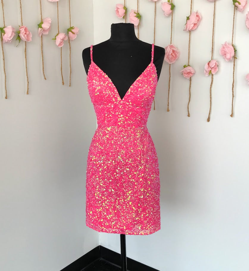 Ashley Lauren 4436 Size 0 Neon Pink Cocktail Dress sequins short homec Glass Slipper Formals Ashley Lauren 4436 Size 0 Neon Pink Cocktail Dress sequins short homec Glass Slipper Formals