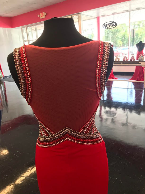 Jovani JVN36850 Size 4 Red Long Embellished v Neck Backless Formal Dress Evening Gown