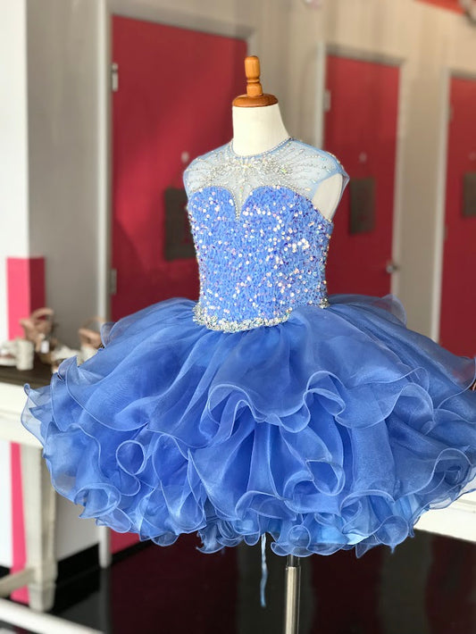 Sugar Kayne C208 Short Velvet Sequin Cupcake Pageant Dress Ruffle High Neck Formal Gown Backless lace up Corset Rhinestone embellished Sizes: 0M, 6M, 12M, 18M, 24M, 2T, 3T, 4T, 5T, 6T Colors: Powder Blue, Red, Royal, Unicorn