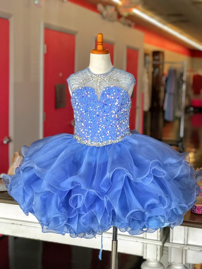 Sugar Kayne C208 Short Velvet Sequin Cupcake Pageant Dress Ruffle High Neck Formal Gown Backless lace up Corset Rhinestone embellished Sizes: 0M, 6M, 12M, 18M, 24M, 2T, 3T, 4T, 5T, 6T Colors: Powder Blue, Red, Royal, Unicorn
