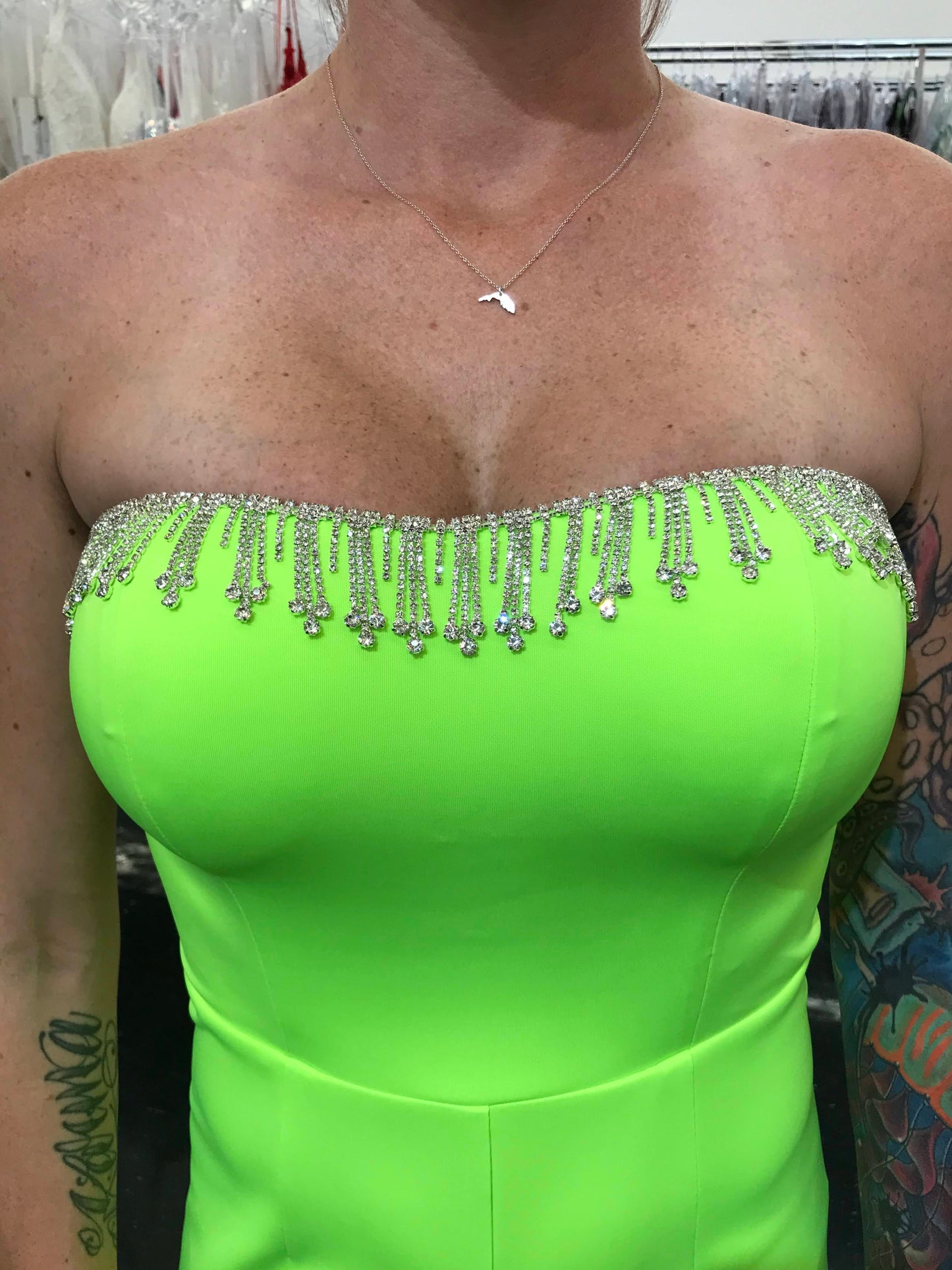 Marc Defang 8180 Long Scuba Strapless Jumpsuit Crystal Fringe Tassel Pageant Neon Available Size: 0, 10 Available Color: Neon Green