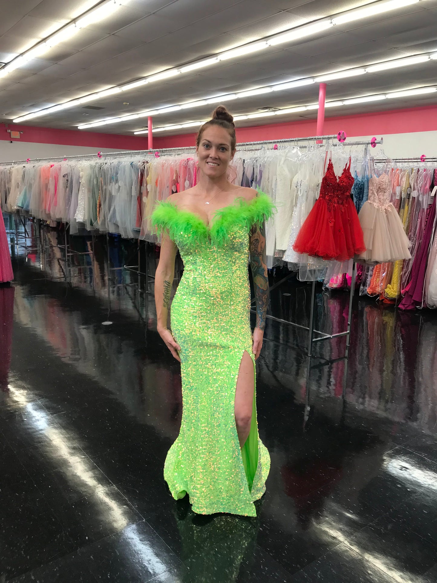 Marc Defang 8145 Size 2 Neon Green Velvet Sequin Feather off the shoulder Dress Slit Pageant gown with train Size: 2 Color: Neon Green