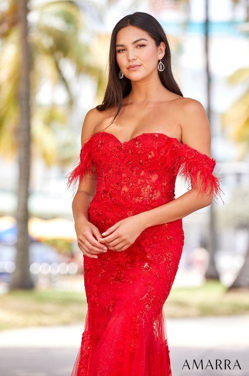 Amarra 88621 Long Sheer Lace Shimmer Mermaid Prom Dress Feather Straps Pageant Gown Corset An alluring design with stunning detail. AMARRA 88621 is the perfect prom gown for a night of unforgettable fun. This embellished lace fit and flare gown feature a plunging v-neckline and lace-up back, complementing each other beautifully for a look that’s both stylish and sexy.