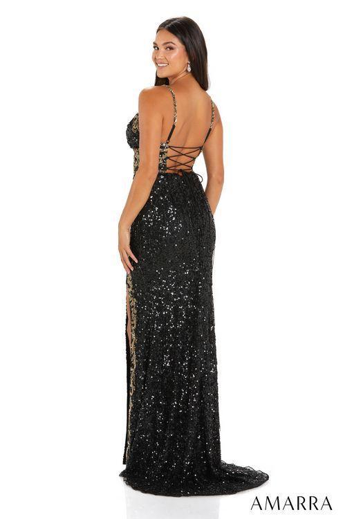 Amarra 94120 Long Fitted Sequin Beaded Fringe Slit Prom Dress Backless Corset Tassel Gown Sizes: 00-16 Colors: Black, Neon Pink/Gold