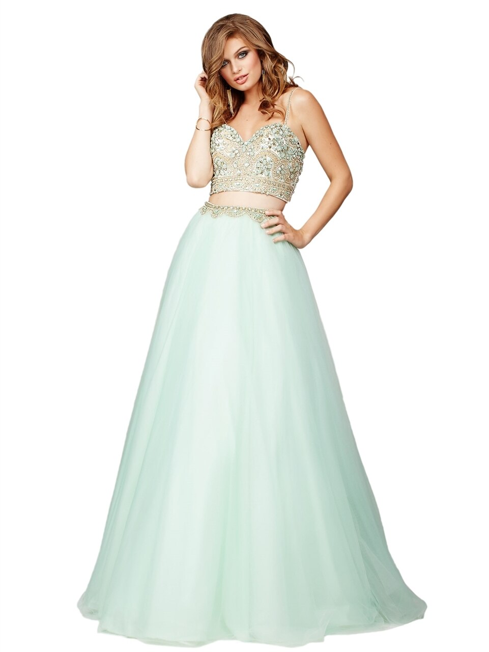 mint green prom dresses two piece Mermaid Mint Green Two-piece Prom Dress Satin Pearls with Bow Mint Green / US14W