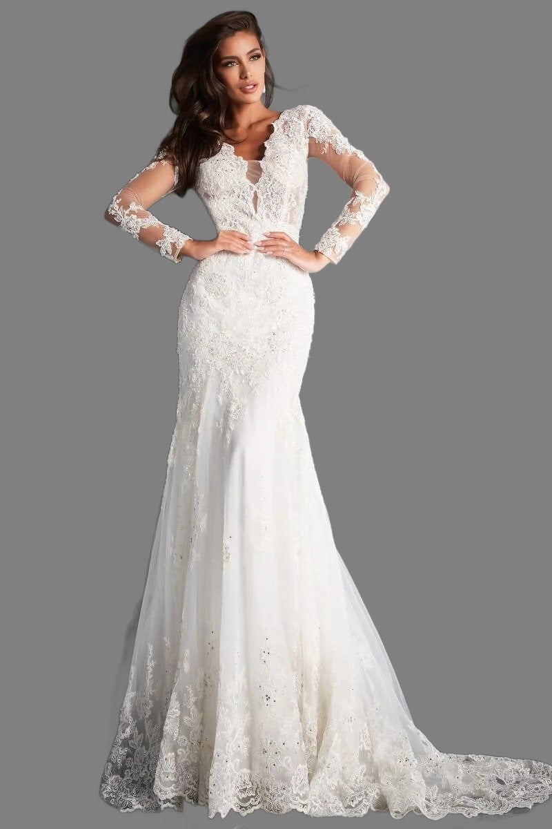 Jovani Bridal JB02579 size 8 Long Sleeve Lace Mermaid Wedding Dress Backless V Neck Jovani Bridal JB02579 size 8 Long Sleeve Lace Mermaid Wedding Dress Backless V Neck