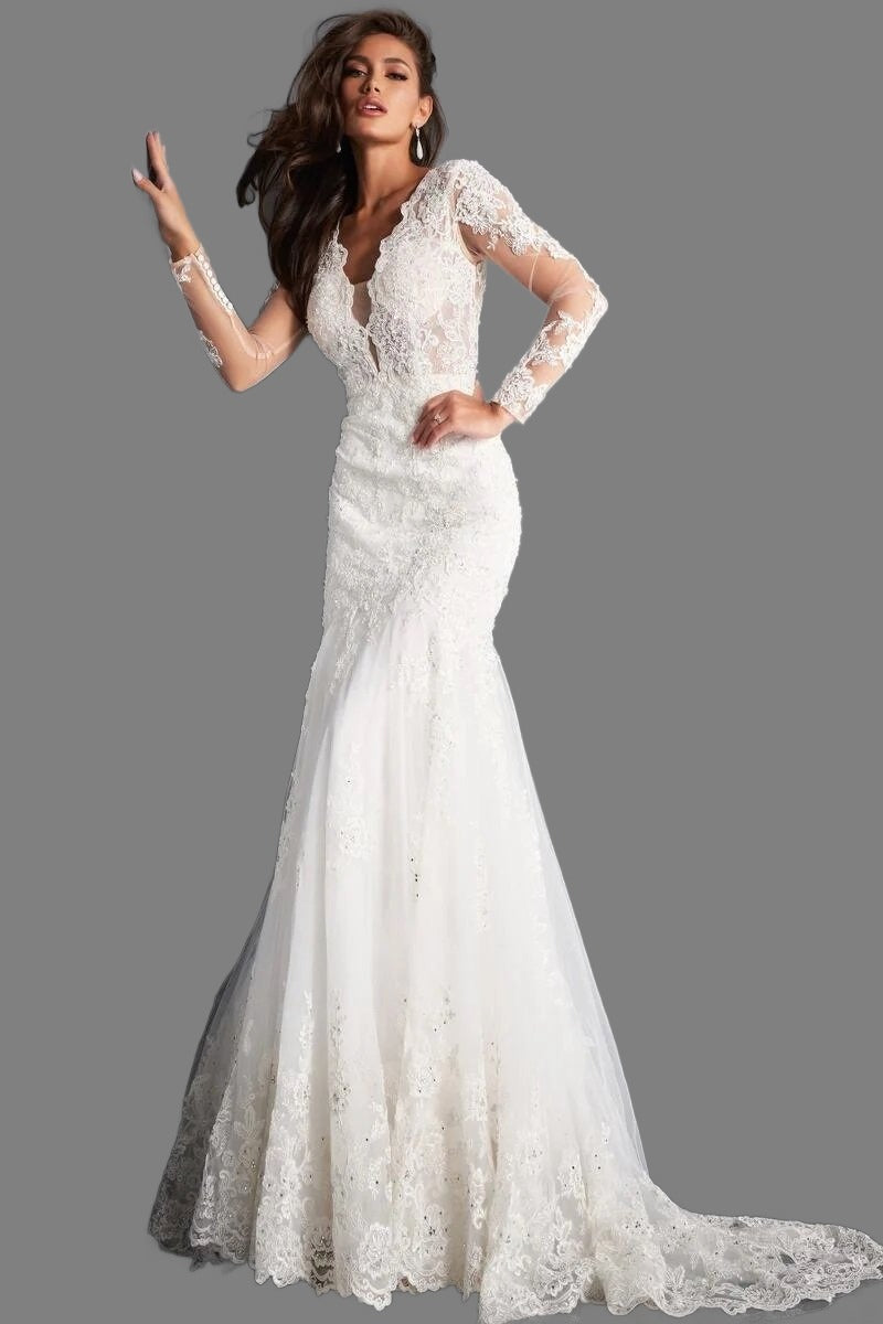 Jovani Bridal JB02579 Long Sleeve Lace Mermaid Wedding Dress Backless V Neck Floor length form fitting ivory lace wedding dress JB02579 features flare bottom skirt with long train and fitted long sleeve bodice with low V neck. Available Sizes: 8 Available Colors: Ivory