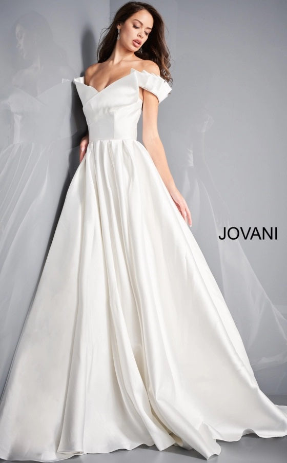 Jovani Bridal JB2500 Ivory Pleated A Line Ruffle Off the Shoulder Wedding Dress Available Sizes: 00-24 Available Colors: Ivory
