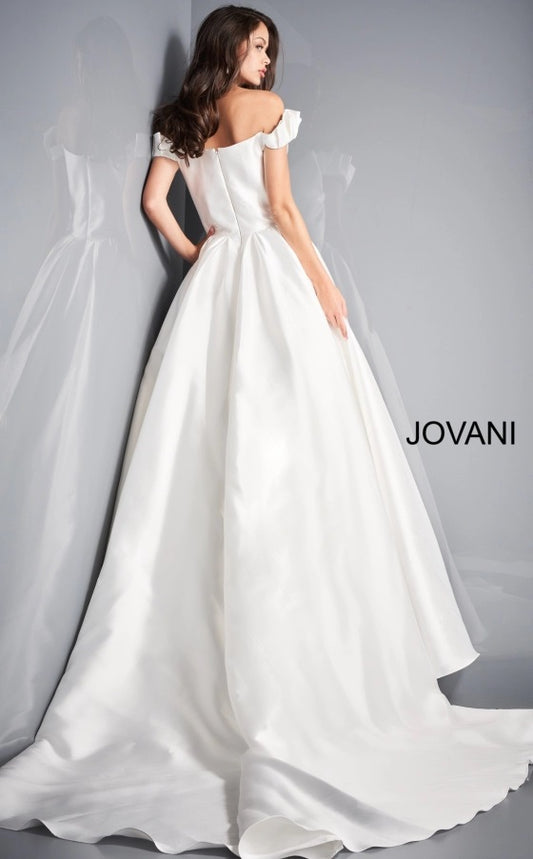 Jovani Bridal JB2500 Ivory Pleated A Line Ruffle Off the Shoulder Wedding Dress Available Sizes: 00-24 Available Colors: Ivory