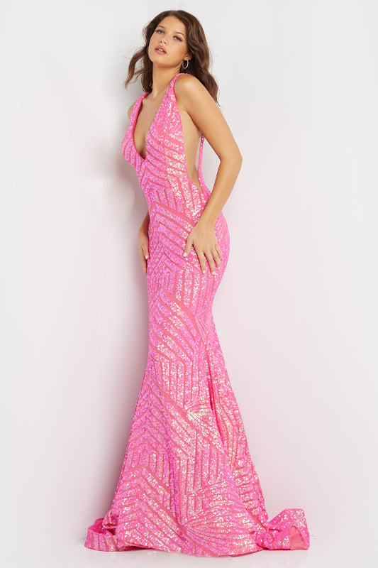 JOVANI-59762-NEON-PINK-PROM-DRESS-FRONT-NEON-PLUNGING-NECKLINE-MERMAID-LONG-TRAIN