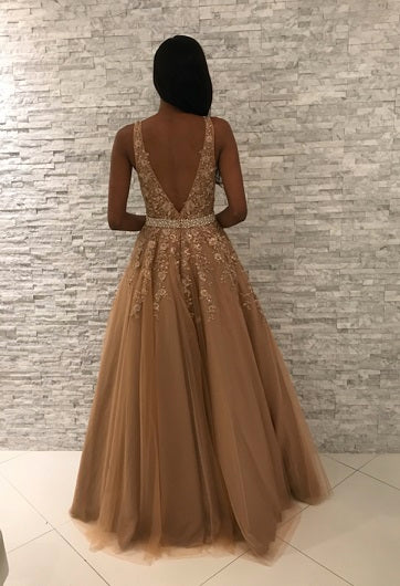 JVN00925 Gold Floral embroidered prom dress ballgown, crystal-embellished belt at waist, sleeveless bodice, deep V neck, V back evening gown pageant dress