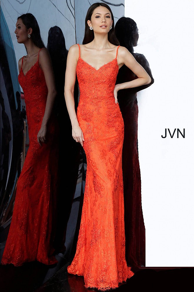 JVN by Jovani JVN02013 orange-red fitted lace prom dress with spaghetti straps and open scoop back