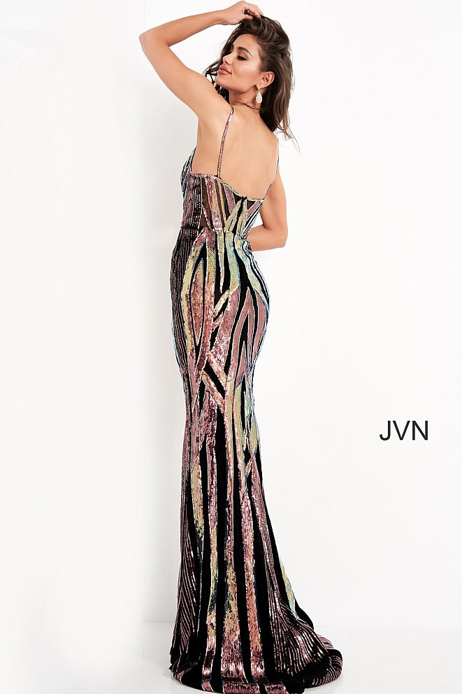 JVN04549 multi prom dress features a fitted silhouette in geometric sequins, with a notched V-neckline, semi-open back, and spaghetti straps. This form-fitting gown has a sweep train. Color Multi Sizes 00, 0, 2, 4, 6, 8, 10, 12, 14, 16, 18, 20, 22, 24 JVN by Jovani 04549
