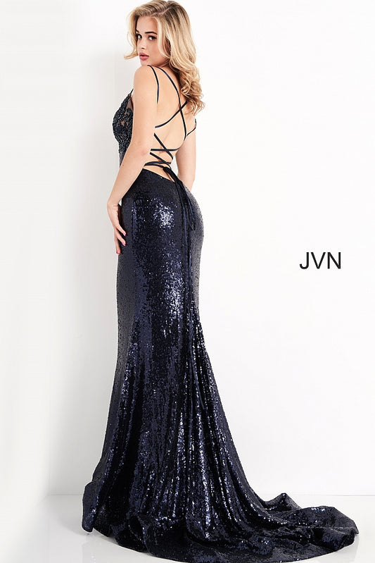 Jovani JVN05803 is a Stunning Long formal evening gown. This sequin embellished prom dress features a gorgeous v neckline with beaded & Embroidering for a floral pattern along the bust. Spaghetti straps leading to an open back with a lace up tie corset. This backless Prom dress also has a gorgeous sweeping train perfect for pageants! JVN 05803 Available Sizes: 00,0,2,4,6,8,10,12,14,16,18,20,22,24 Available Color: Navy