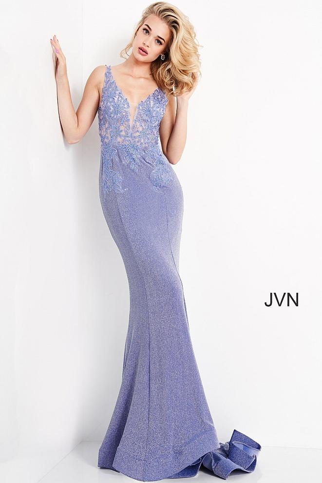 Jovani JVN06505 - JVN 06505 is a stunning shimmering glitter stretch fabric. Featuring a sheer Fitted Plunging V Neckline bodice with floral lace appliques embellished with crystal rhinestones. open v back with corset lace up tie closure. Fit & Flare silhouette with a lush sweeping train. Great formal evening gown. Available Sizes: 00,0,2,4,6,8,10,12,14,16,18,20,22,24 Available Colors: Blush, Perriwinkle