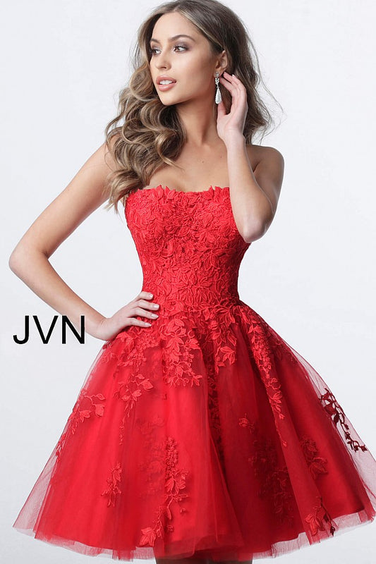 Jovani JVN1830 lace and tulle strapless straight neckline fit and flare short cocktail dress homecoming dress Jovani JVN 1830 Homecoming, Short Cocktail Dress, Formal Evening gown. Strapless Floral Lace embellished homecoming dress Available Colors: Burgundy, Light Blue, Light Pink, Navy, Off White/Nude, Red Available Sizes: 00-24
