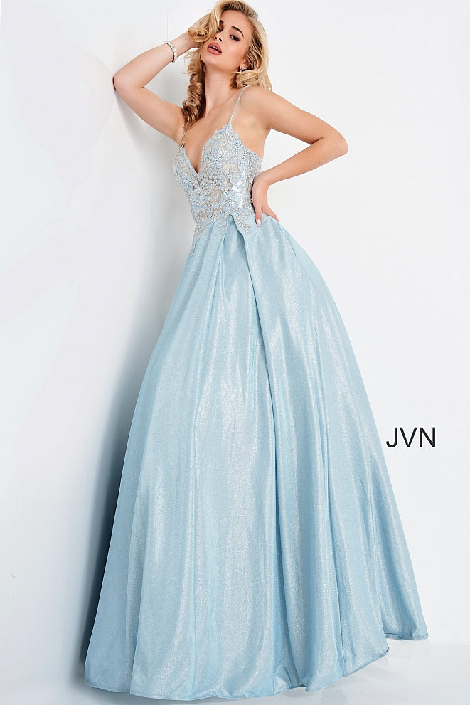 JVN by Jovani 2206 is a Magical Iridescent Shimmer Ballgown. Featuring a Sheer Lace Applique embellished Bodice with lace embellished spaghetti straps. corset lace up back. Long Full Iridescent Shimmer Pleated Ballgown skirt with pockets. Romantic & Sultry this Gown is fit for a Queen! Great for Prom Dresses, Pageant Dresses & Formal Event Wear! Available at Glass Slipper Formals Lake City FL! Closure: Invisible Back Zipper up to waist, lace up back.