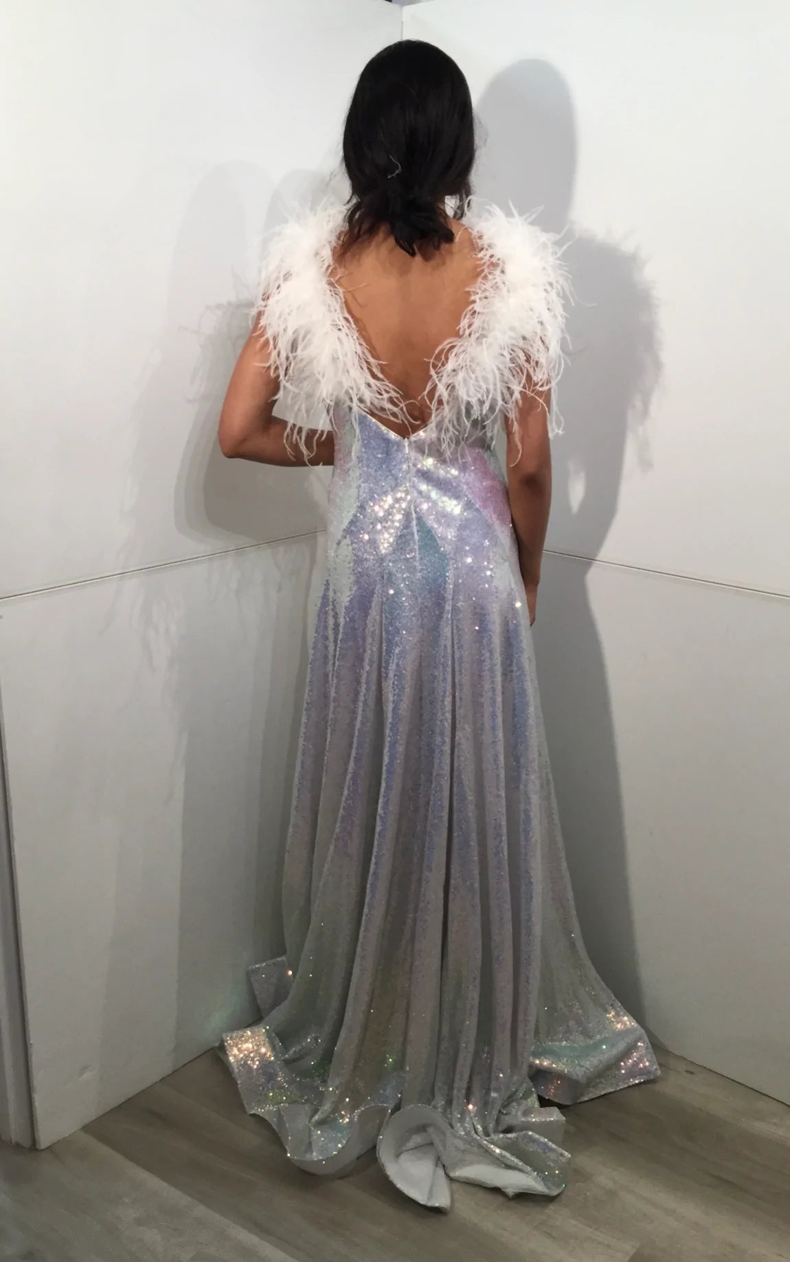 Jovani JVN24164 Iridescent Prom Dress Feather Straps and Feather Trimmed V Back A Line Sequins Horsehair Trim Available sizes: 00-24 Available colors: Iridescent/White, Iridescent/Blue