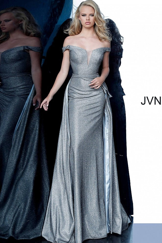 JVN by Jovani 2560 Metallic Long Fitted Prom Dress with Overskirt Train & a deep V Neckline evening gown mother of the bride dress.