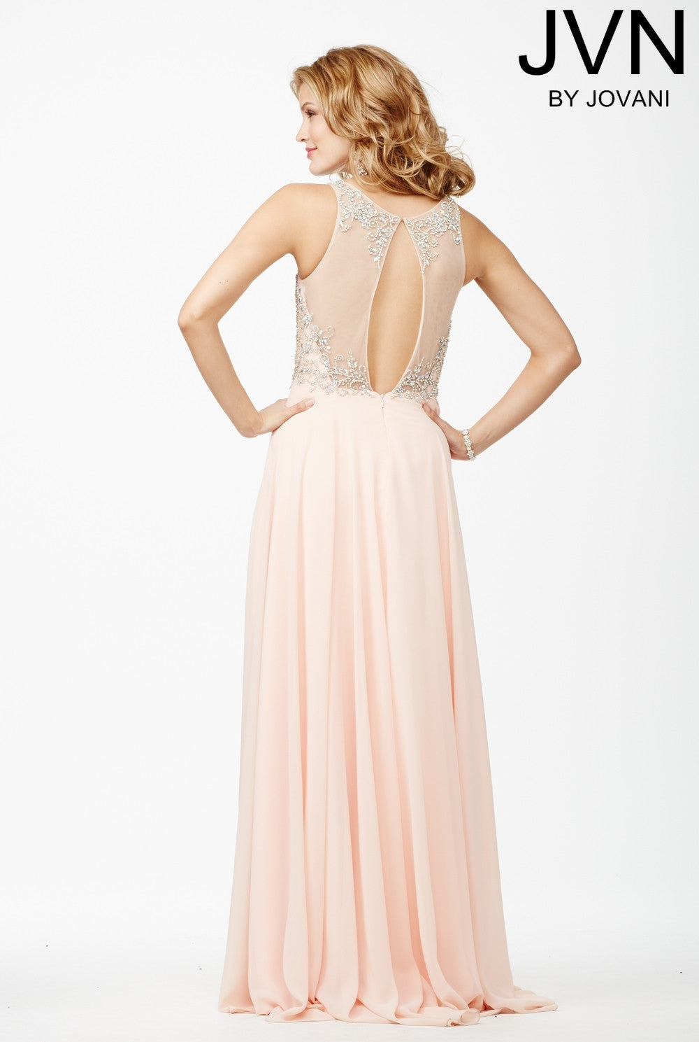 JVN27809 Beautiful sleeveless chiffon prom dress features a sheer crystal embellished neckline and open back with a long flowy skirt. size 0 periwinkle