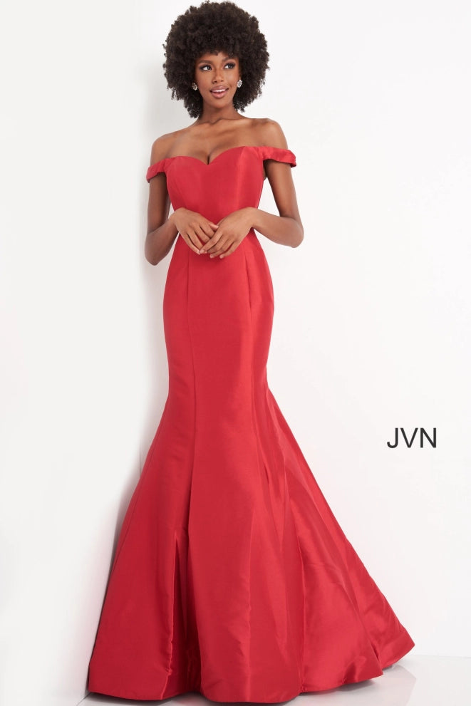 Jovani JVN3245 Size 6 Red Long Fitted Off the Shoulder Prom Dress Merm