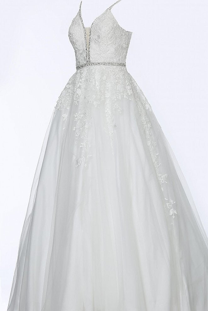 JVN by Jovani 3388 is a Prom, Pageant & Formal evening dress lace off white wedding dress with plunging deep V Neckline with a mesh insert Embroidered lace appliques with crystal embellishments along the neckline, waist & straps sheer cutout in the back tulle skirt