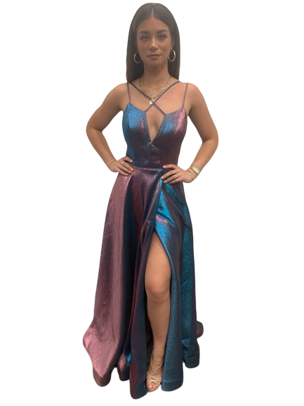JVN by Jovani Style 3779 is a stunning shimmer A line Prom Dress. Featuring a Metallic Iridescent Shimmer Fabric. Deep V Neck with Criss Cross strap pattern. High Front slit goes all the way up to the waistline. Open Back Formal Dress. Color Changing material with light variations.