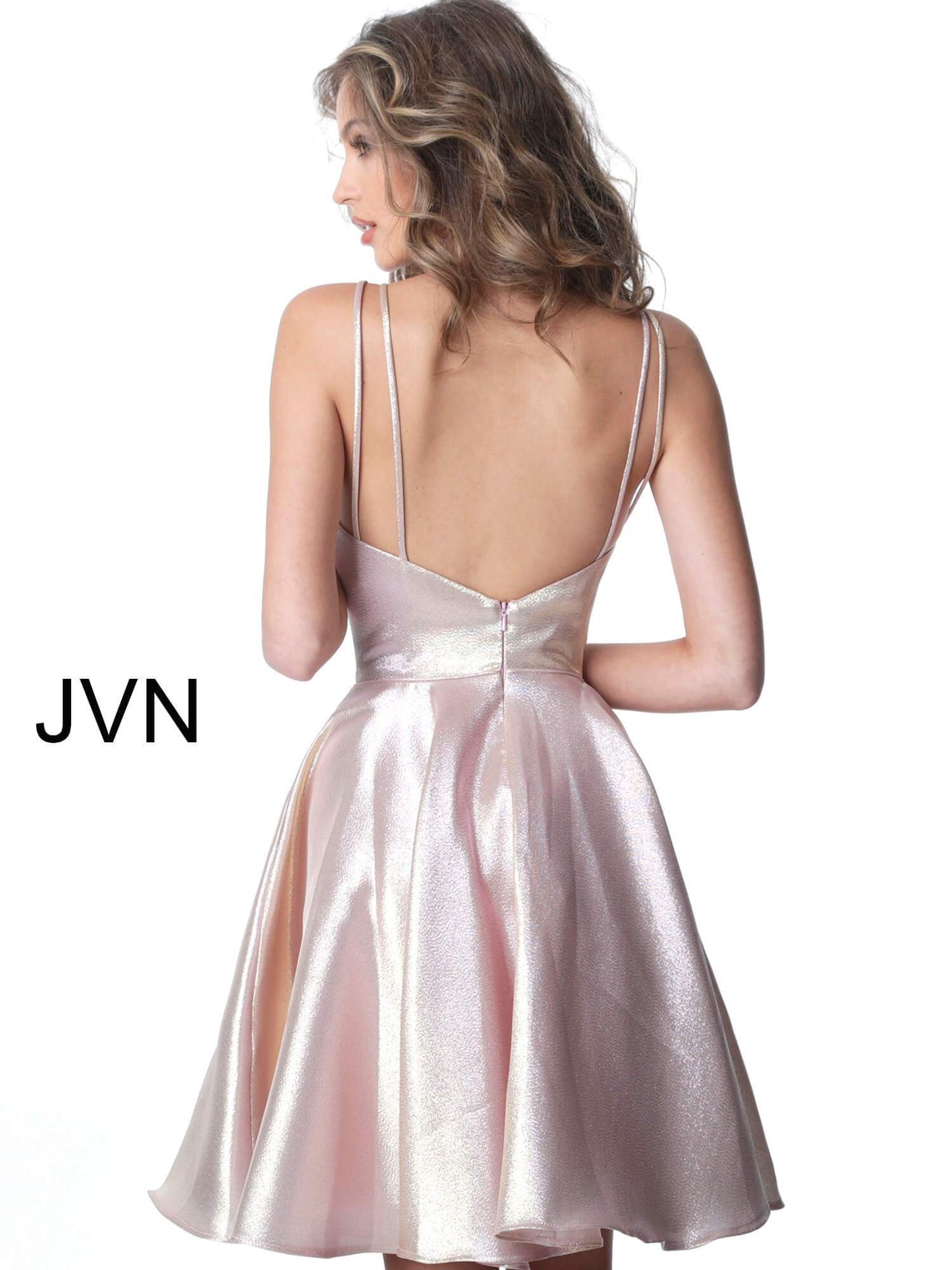 JVN3780 JVN by Jovani 3780 is a metallic shimmer Fit and Flare Short Prom Dress and Homecoming Dress. criss cross strap neckline fit and flare cocktail dress