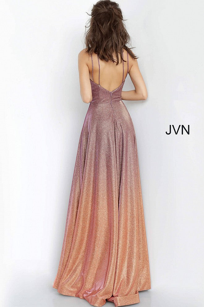 JVN4327 Purple Gold Glitter prom dress, floor length maxi wrap skirt, sleeveless bodice, plunging neckline with spaghetti straps criss cross, spaghetti straps over shoulders, open back.