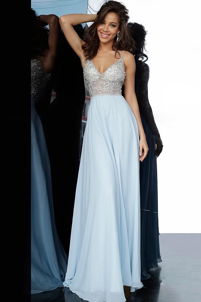 Jovani JVN4410 Size 0 Light Blue Long Sheer Beaded Prom Dress Glass Slipper Formals Jovani JVN4410 Size 0 Light Blue Long Sheer Beaded Prom Dress Glass Slipper Formals